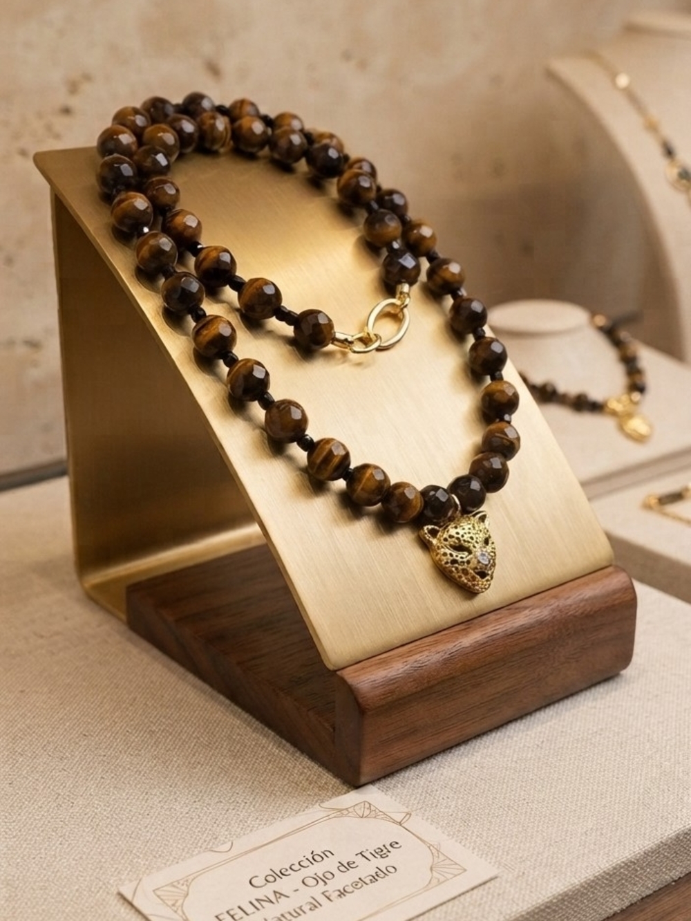 Gold-Tone Tiger Head Brown Beaded Necklace